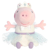 A Peppa Pig plush toy from Aurora wearing a princess outfit.