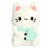 Snowman-inspired Meowchi plush with a mint scarf and soft white body