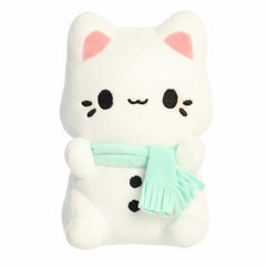 Snowman-inspired Meowchi plush with a mint scarf and soft white body
