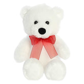 Aurora's White Bear plush, with luxurious white fur and vibrant red bow, ideal for gifts and decor.