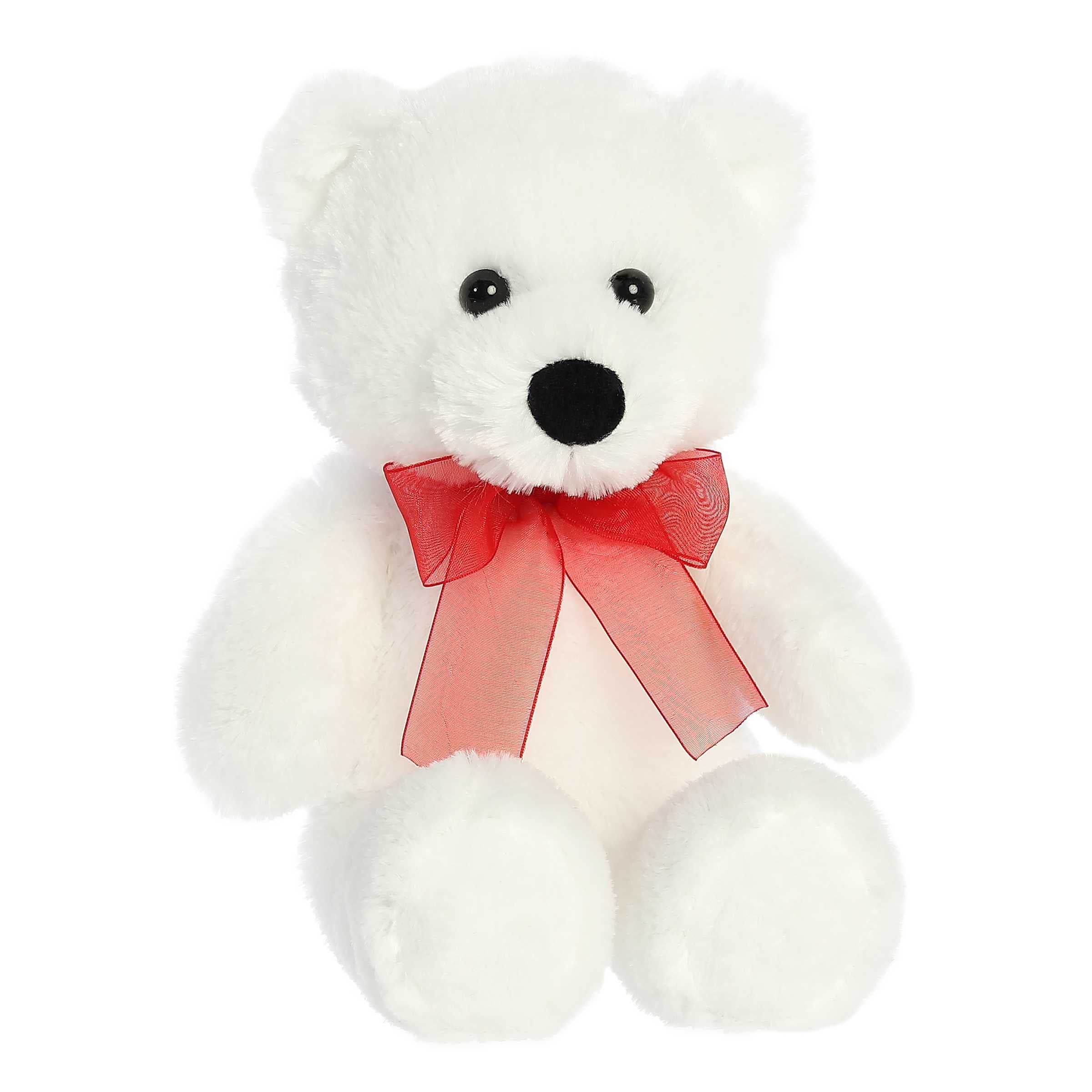 Aurora's White Bear plush, with luxurious white fur and vibrant red bow, ideal for gifts and decor.