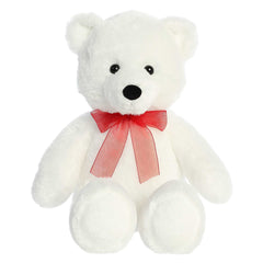 Aurora's White Bear plush, with luxurious white fur and vibrant red bow, ideal for gifts and decor.