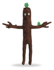 A brown plush toy from Aurora with bark-textured fabric and green felt leaves on the head and limbs.