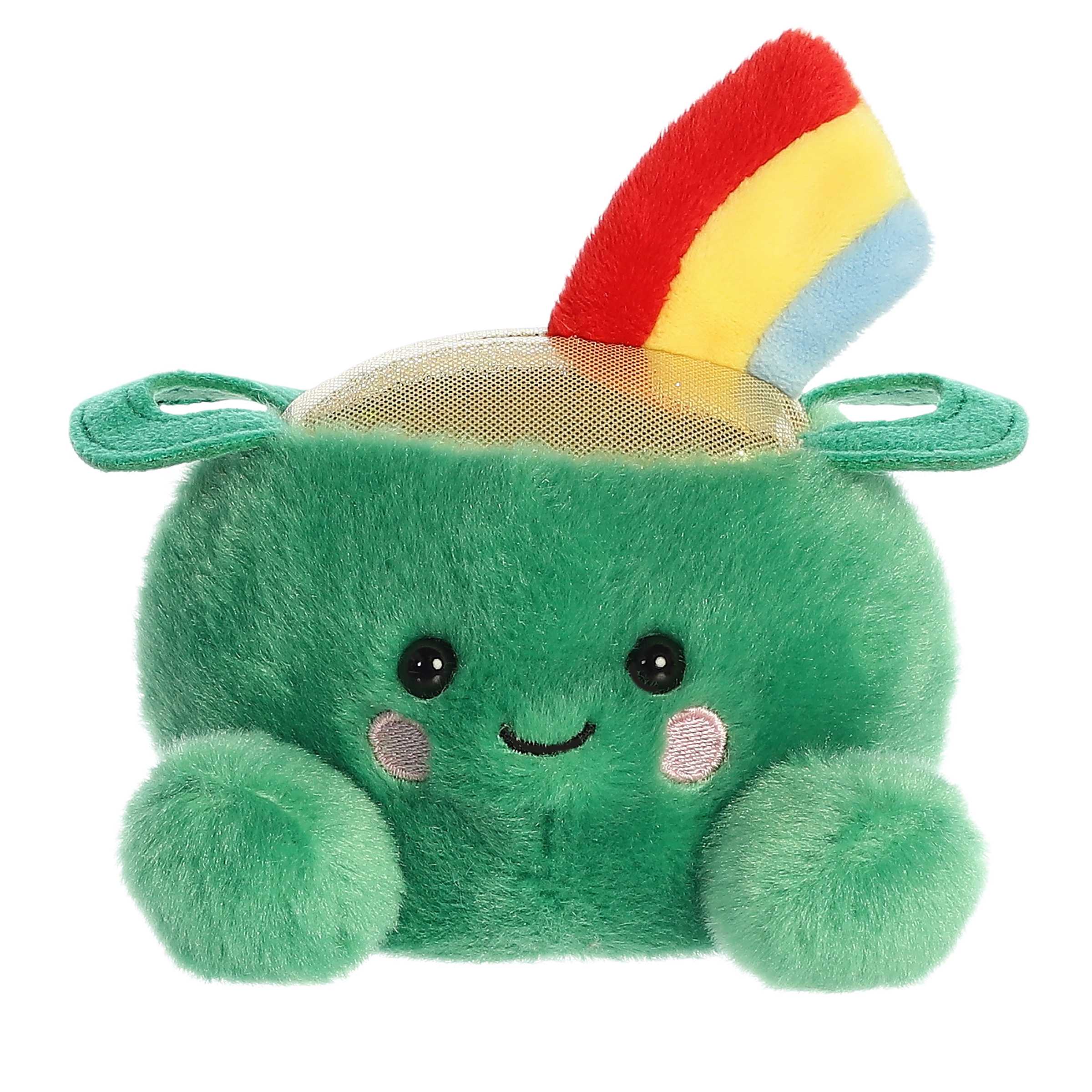 Green Ciara Pot of Gold plush with a rainbow pot, ideal for festive St. Patrick's decorations.