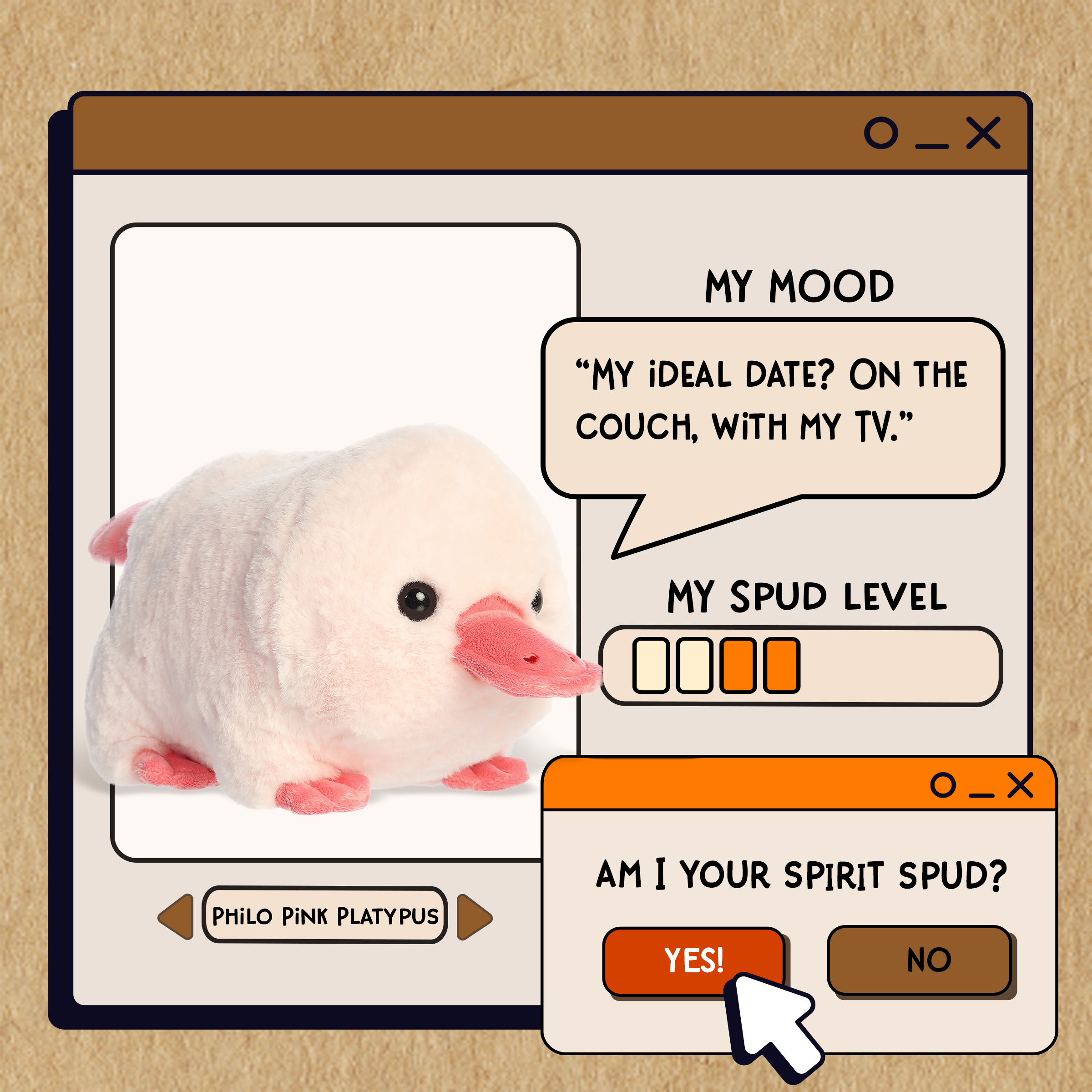 A spudsters product card for the Philo Pink Platypus plush by Aurora