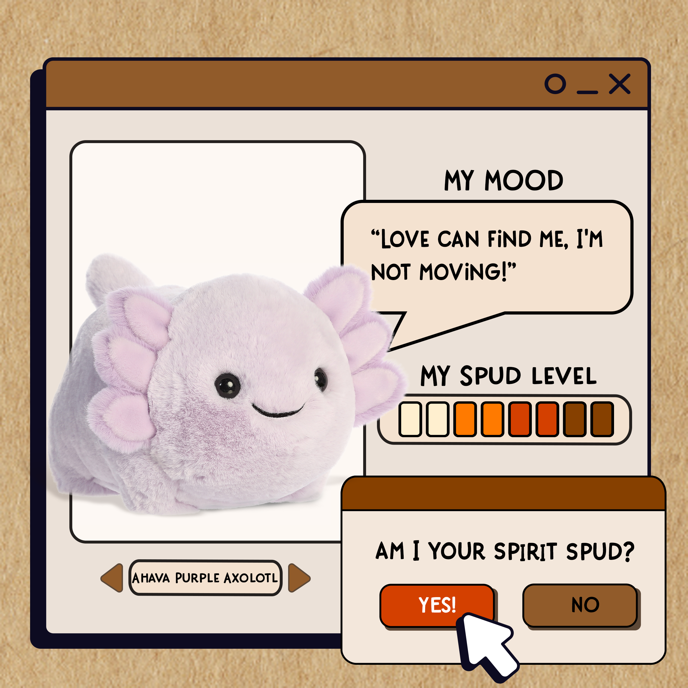 A spudsters product card for the Ahava Purple Axolotl plush by Aurora