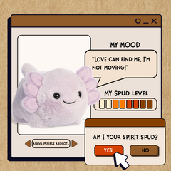 A spudsters product card for the Ahava Purple Axolotl plush by Aurora