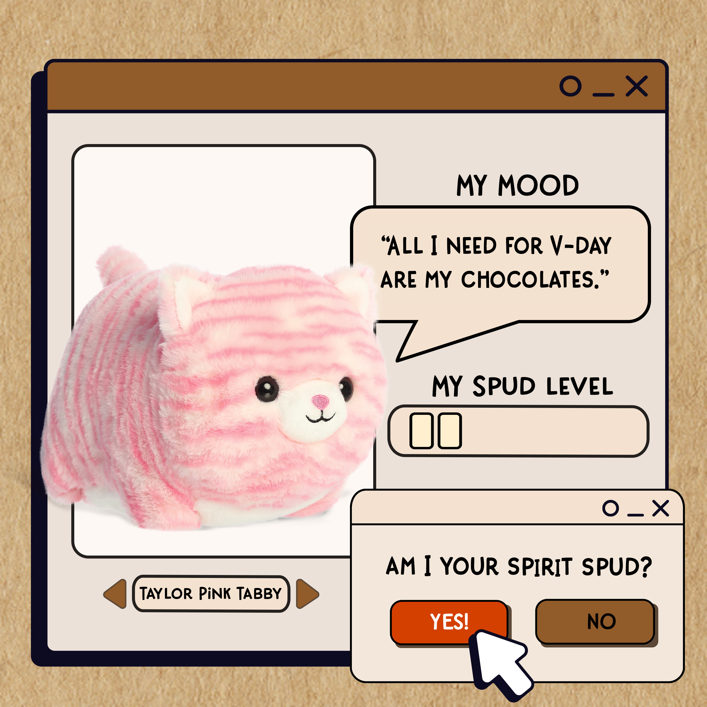 A spudsters product card for the Taylor Pink Tabby plush by Aurora