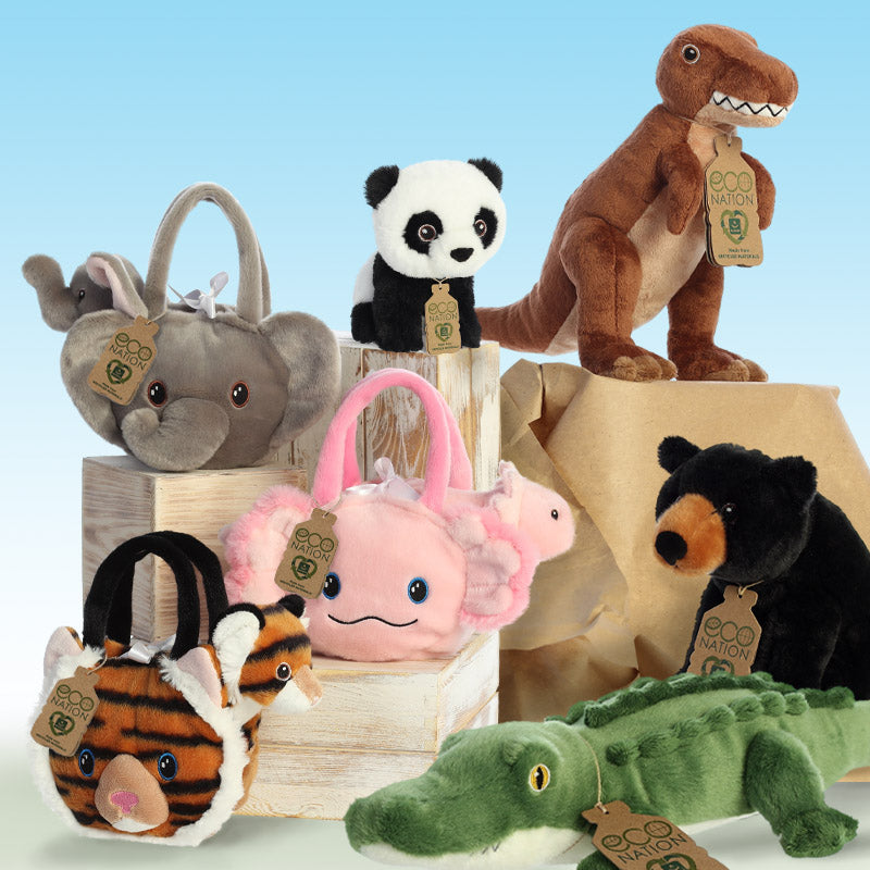 The stuffed animal Eco Nation collection with a flamingo plush, sloth plush, red panda plush, dino plush, and a giraffe plush