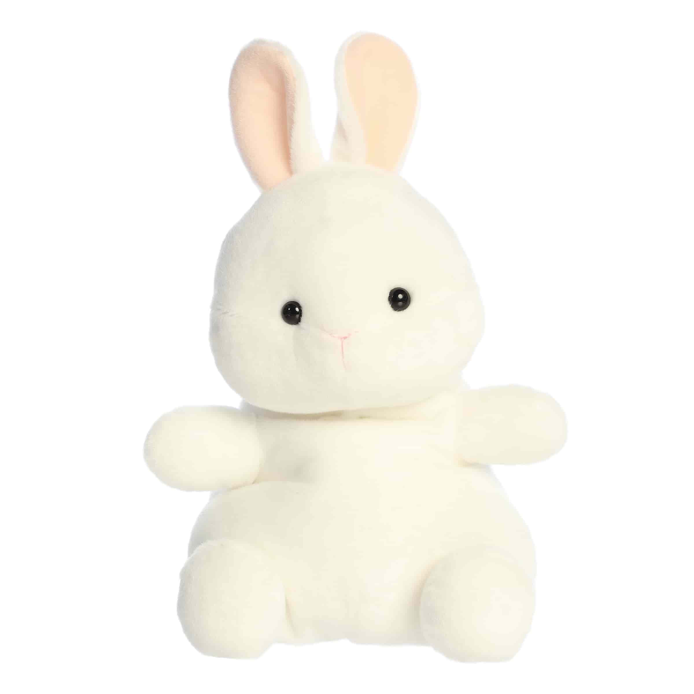 Large cottontail bunny plush with rounded Palm Pal shape, soft fluffy fabric, and sweet smiling face