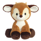 Adorable brown reindeer plush toy in a sitting position with tiny horns and dark brown accents on the ears and feet pads