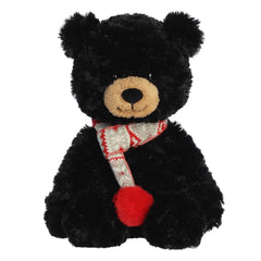 Erik the stuffed bear from Aurora's Bundled Bear collection, in festive scarves, chocolate or midnight black!