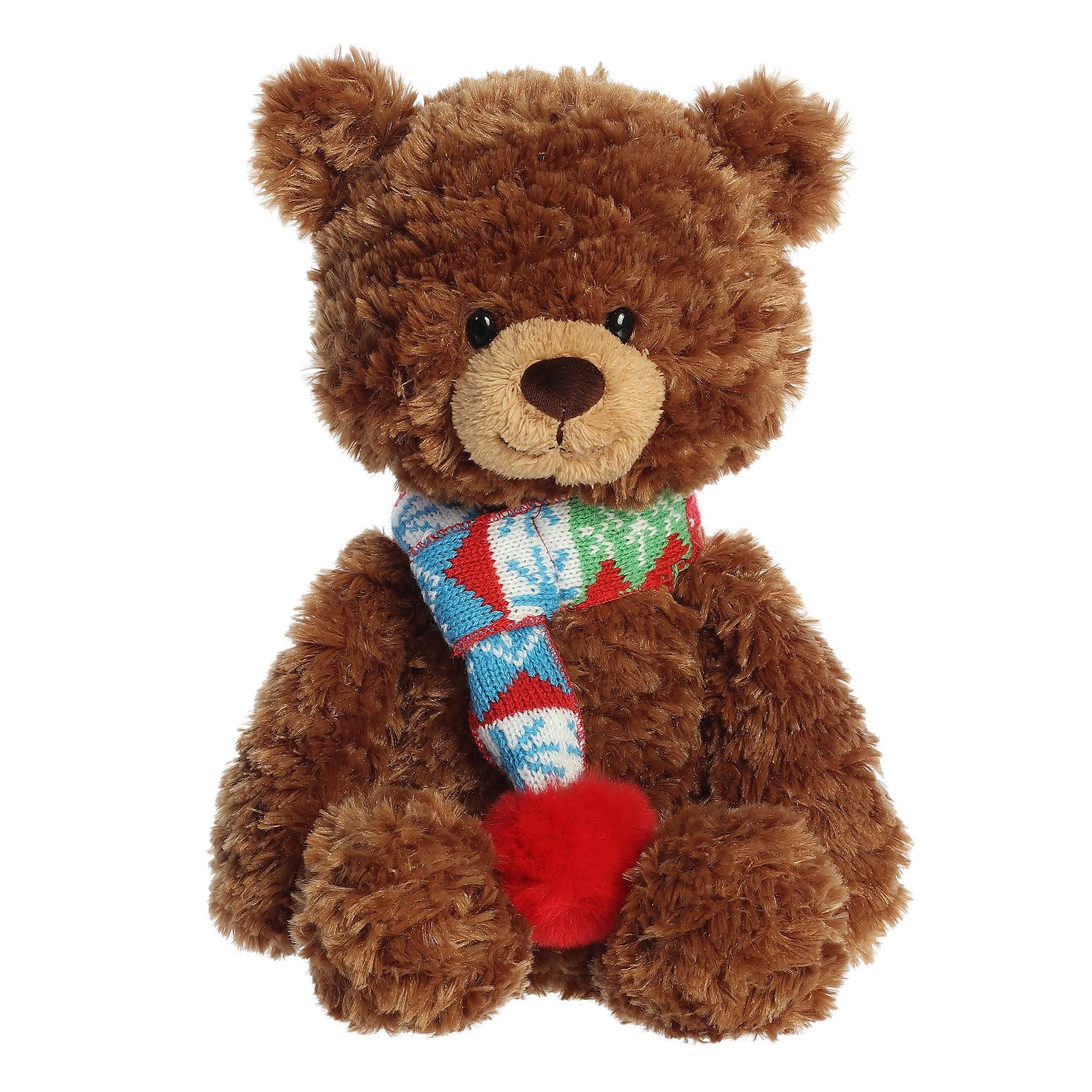 Sven the stuffed bear from Aurora's Bundled Bear collection, in festive scarves, chocolate or midnight black!