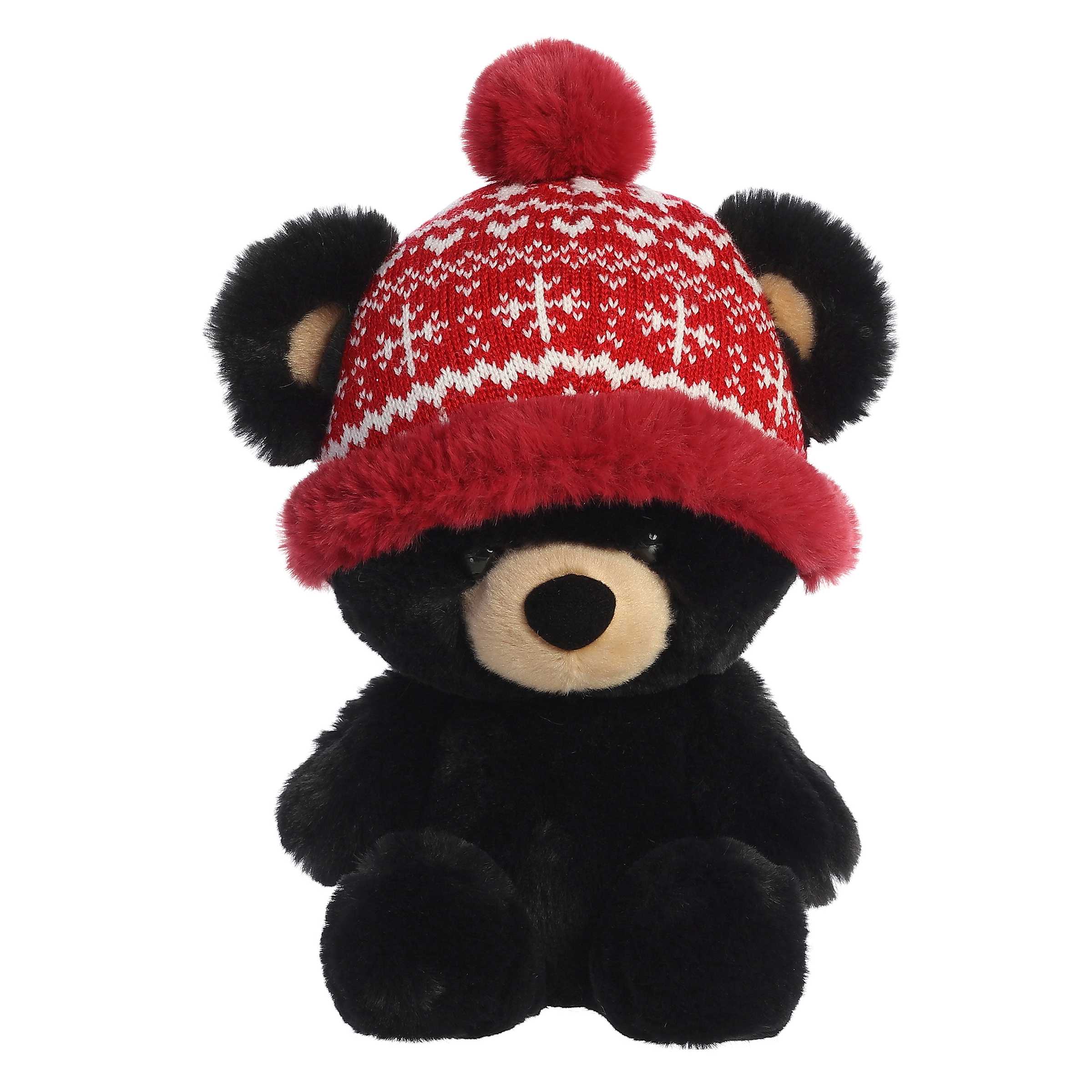 Baby Bear Bucky from Aurora's Holiday Collection, with a holiday cap and soft plush fur, perfect for Christmas spirit