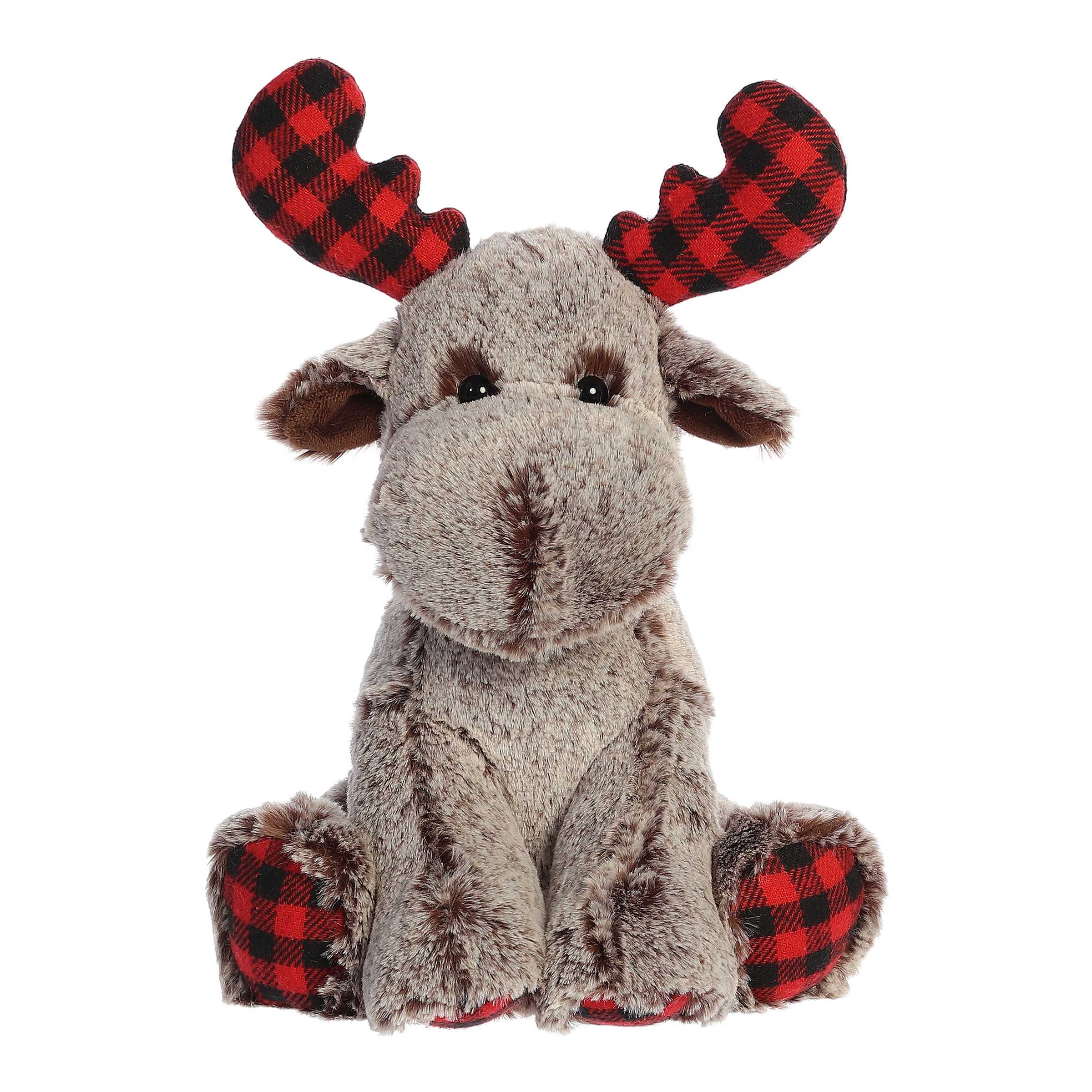 12" Buffalo Plaid Moose from Aurora's Holiday Collection, with plaid accents and cuddly design, perfect for holiday decor