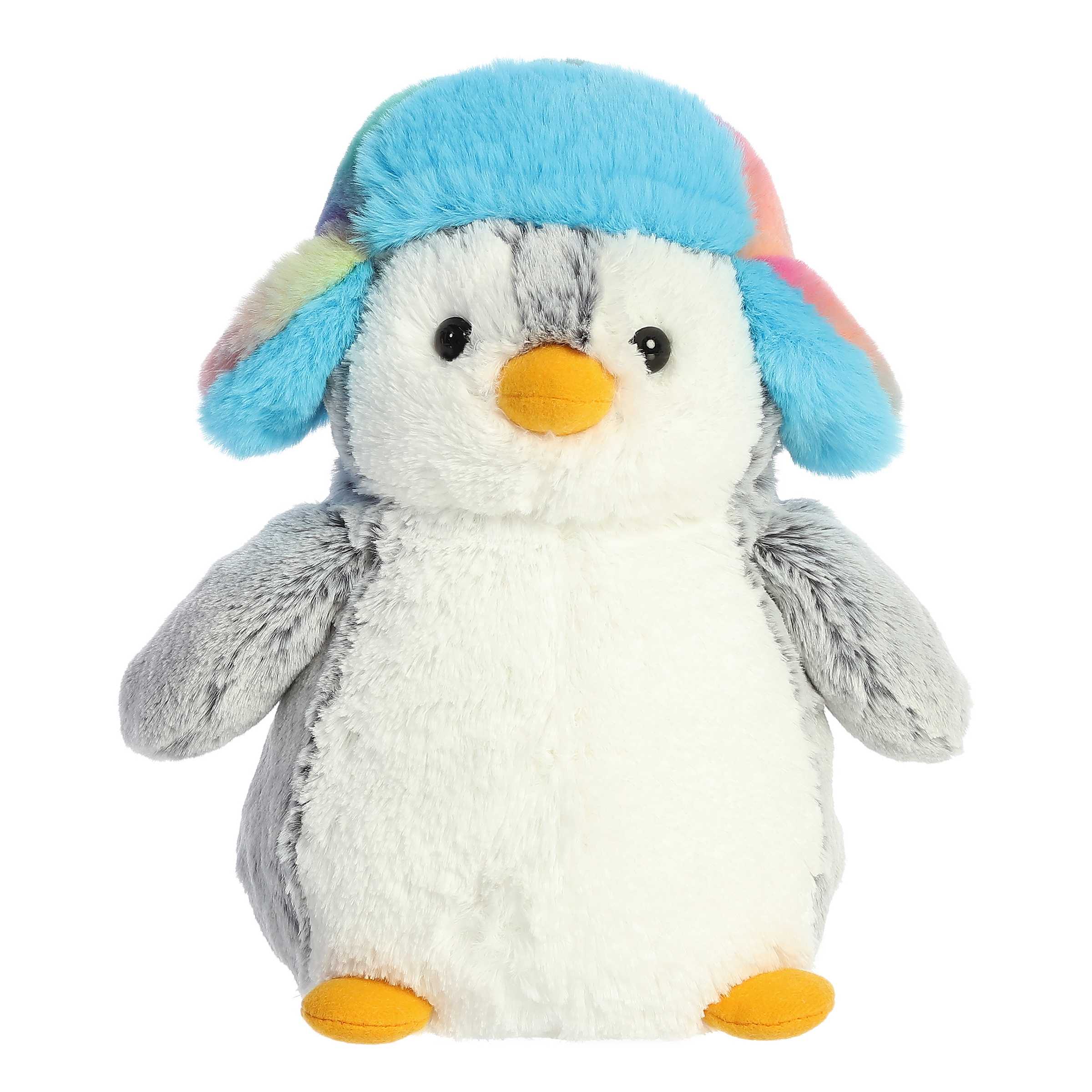 Pom Pom Rainbow Trapper plush penguin from Aurora, in a colorful rainbow trapper hat, perfect for decor and cuddles