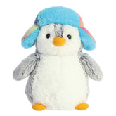 Pom Pom Rainbow Trapper plush penguin from Aurora, in a colorful rainbow trapper hat, perfect for decor and cuddles