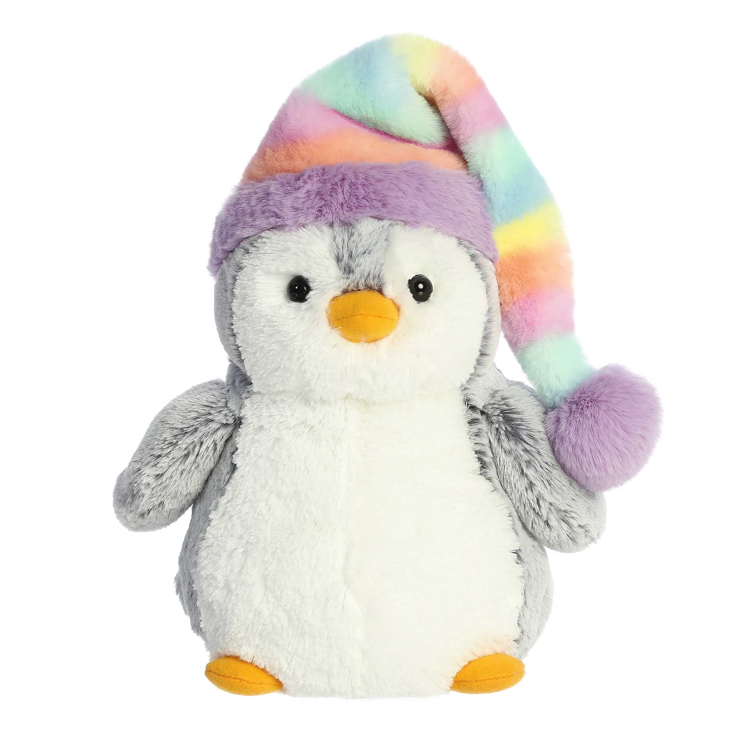 Pom Pom Rainbow Hat plush penguin from Aurora, with a colorful hat, perfect for snuggles, decor, and year-round joy.