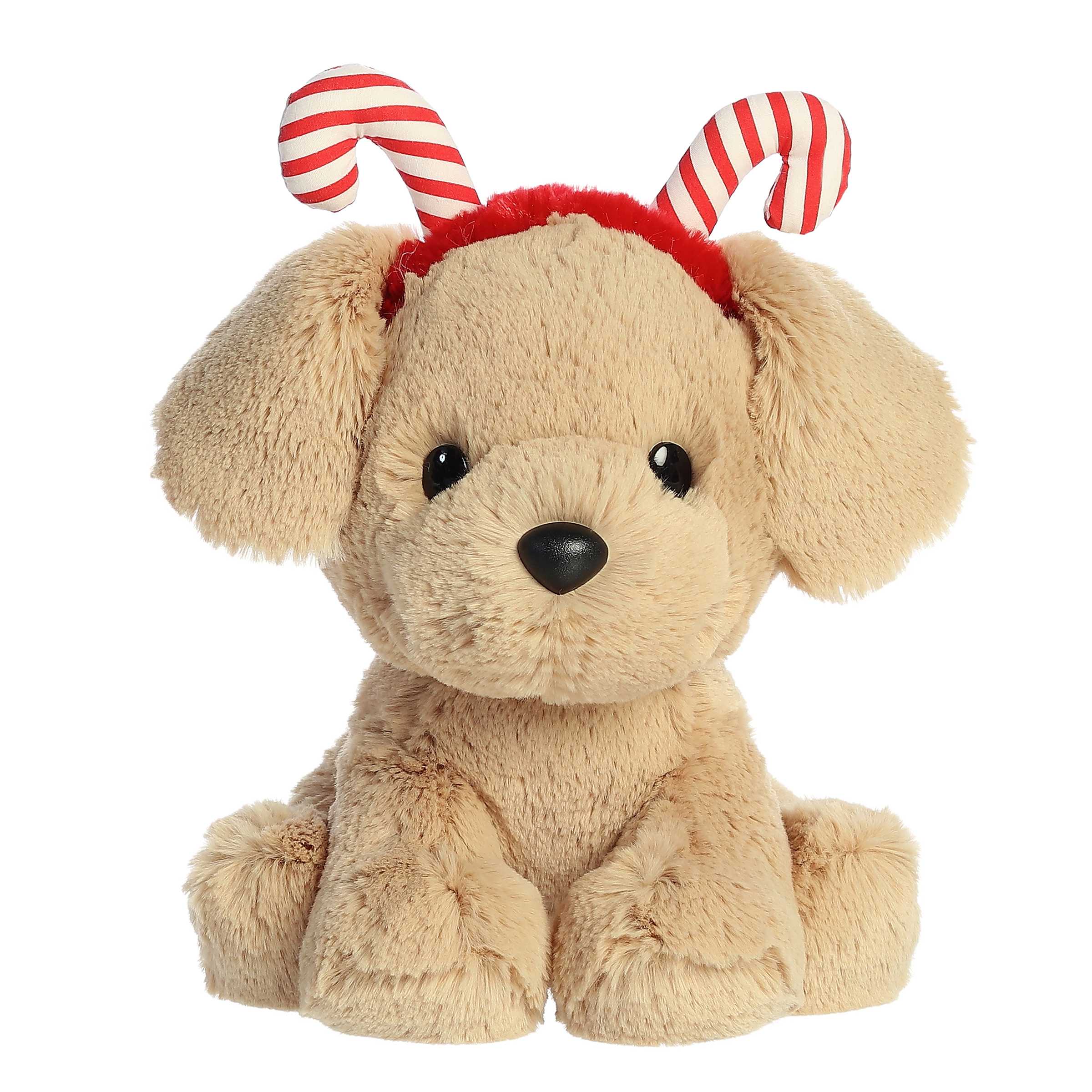 Buddy Yellow Lab plush from Aurora's Holiday Cheer Collection, with candy cane-striped antlers, perfect for holiday cuddles