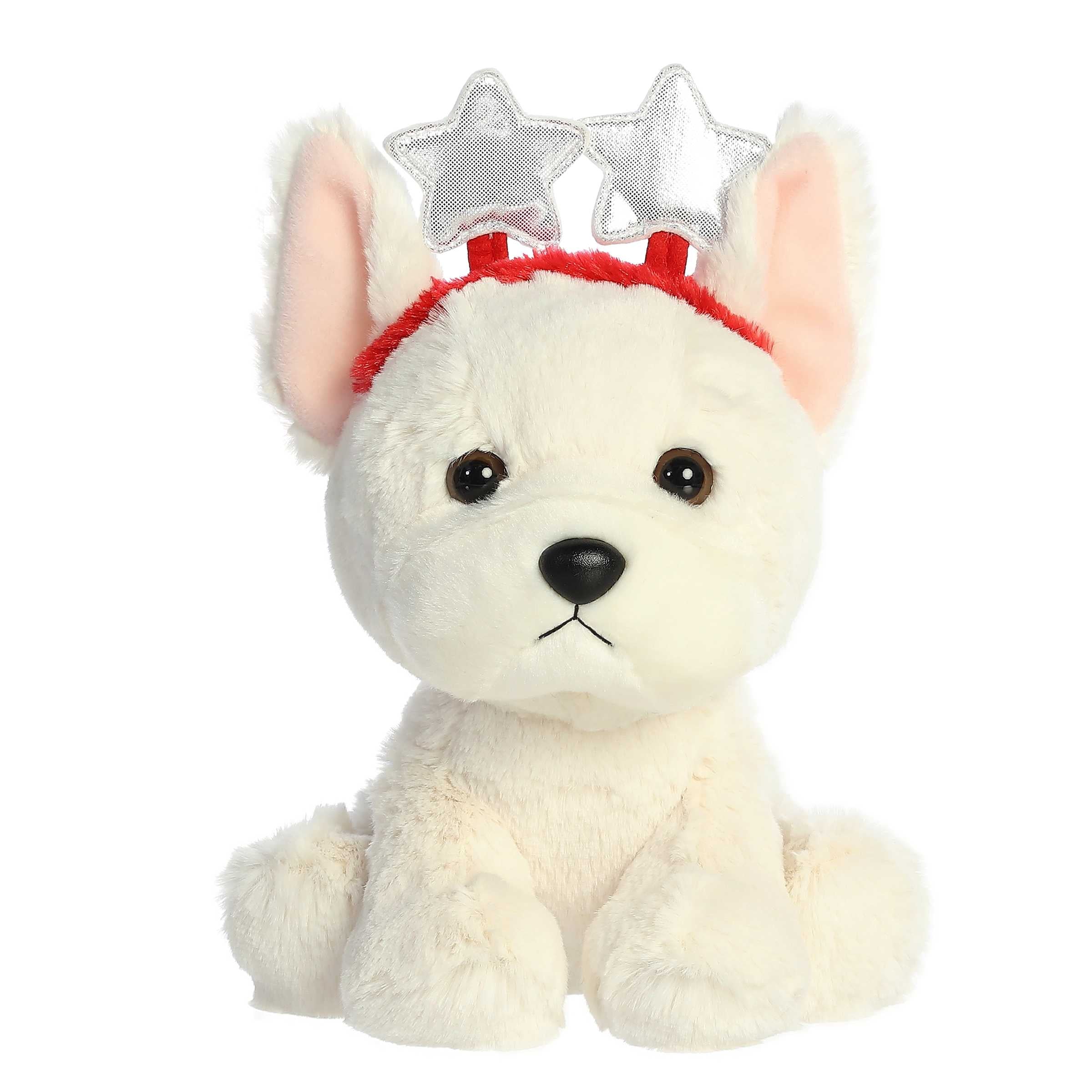 Cassidy French Bulldog plush from Aurora's Holiday Cheer Collection, with a glittering star headband and cuddly white fur