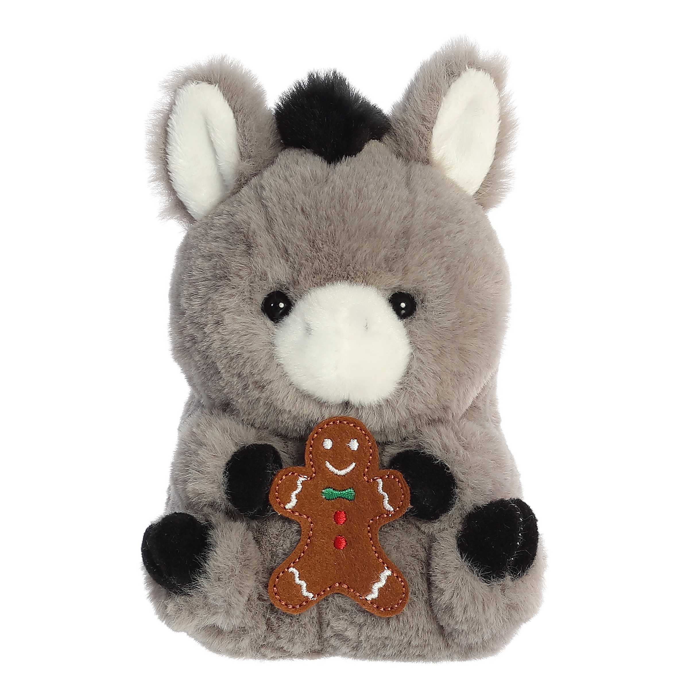 Denver Donkey plush from Aurora's Rolly Pet collection, holding a gingerbread man, perfect for holiday decor and cuddles.