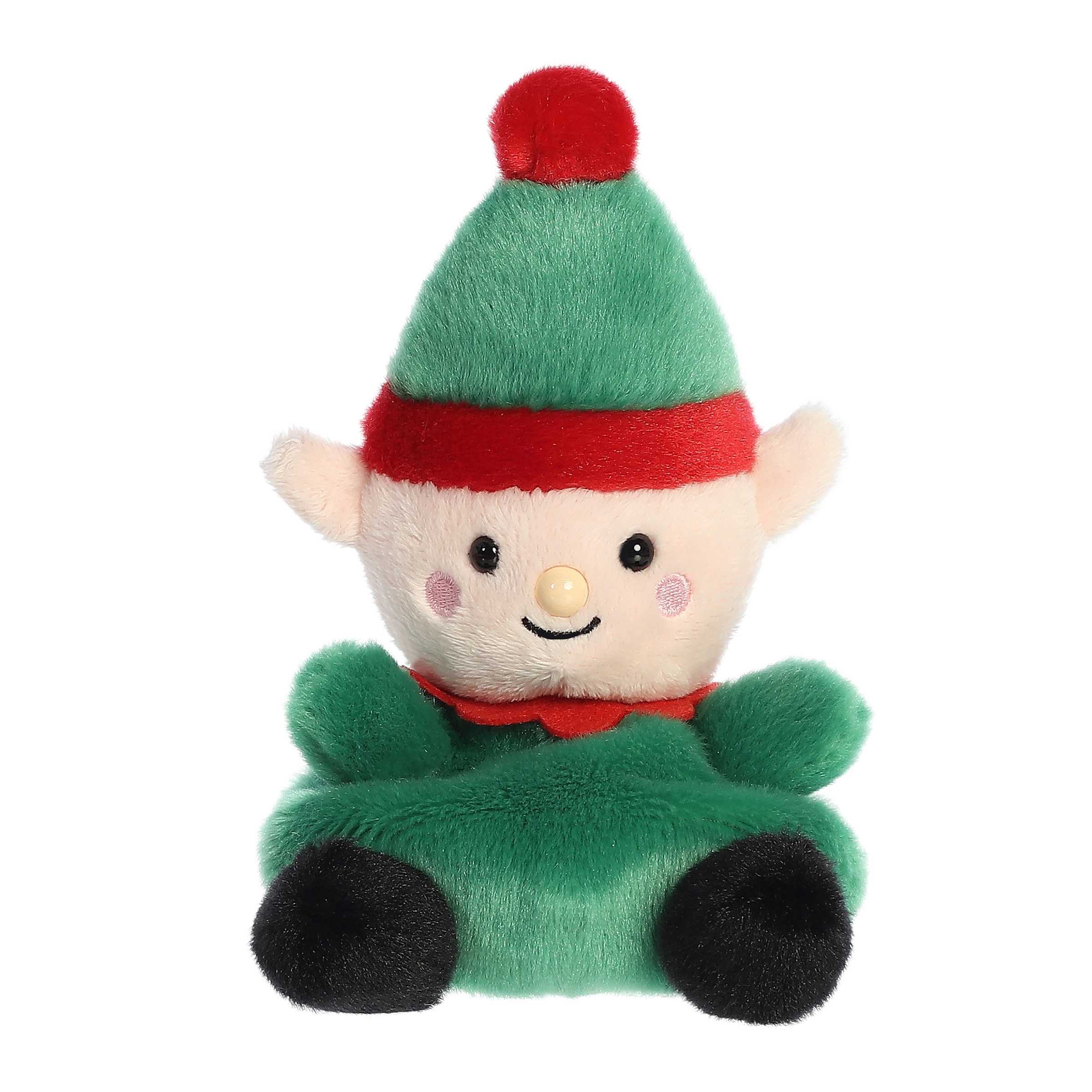 Jolly Elf Palm Pal plush, in green suit and festive hat, ready to bring holiday cheer and cuddles.