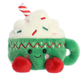 Candace Hot Cocoa Palm Pal plush, green cup with whipped cream, ideal for cozy holiday decor and comfort.