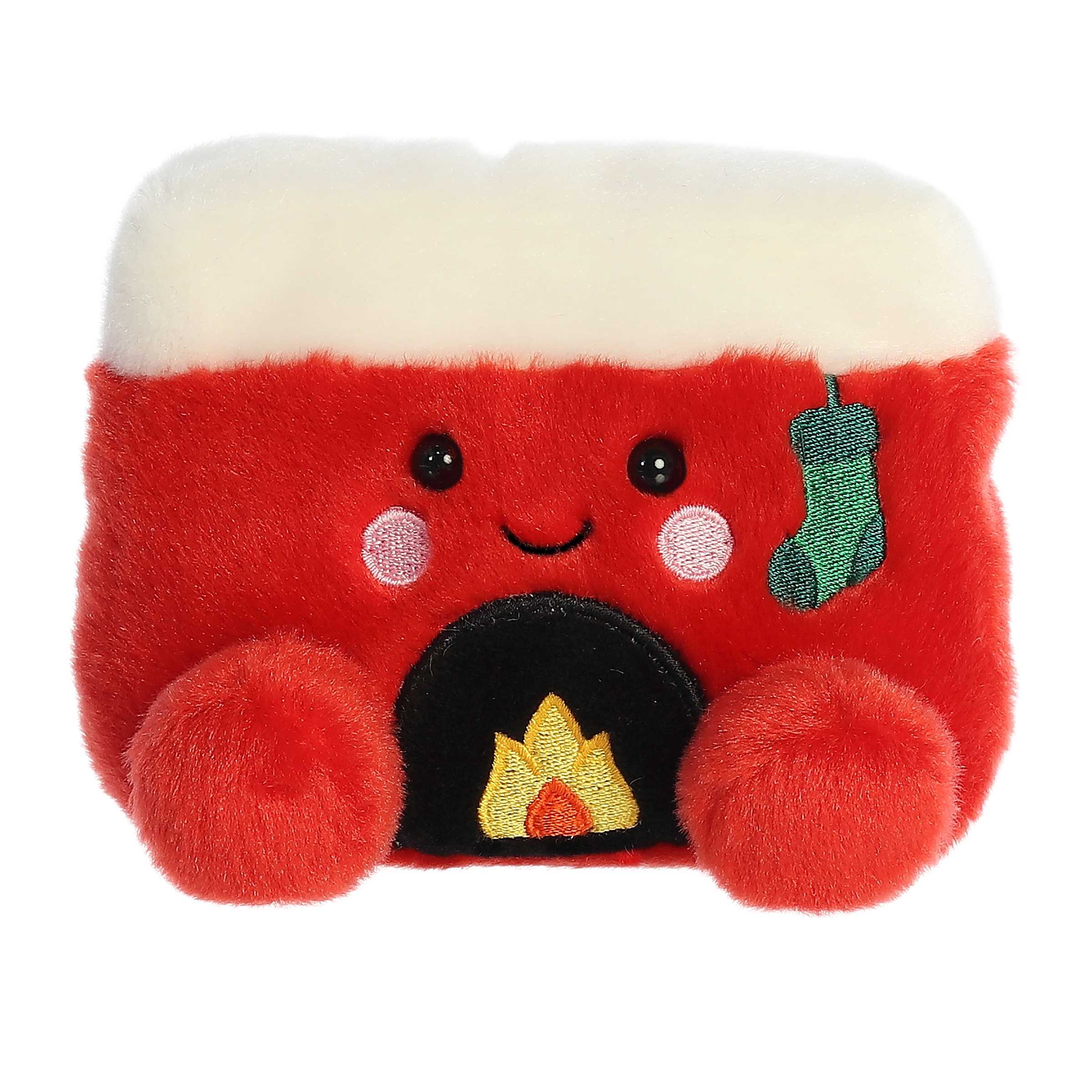 Cozy Fireplace Palm Pal plush, red with white top and embroidered fire, ideal for warm, festive snuggles.