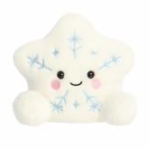 White star-shaped snowflake plush with blue embroidery, rosy cheeks, and a bright smile