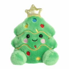 Green tree plush with ornaments, gold garland, rosy cheeks, and a yellow star