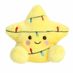 Golden-yellow star plush with embroidered string lights, rosy cheeks, and a big smile