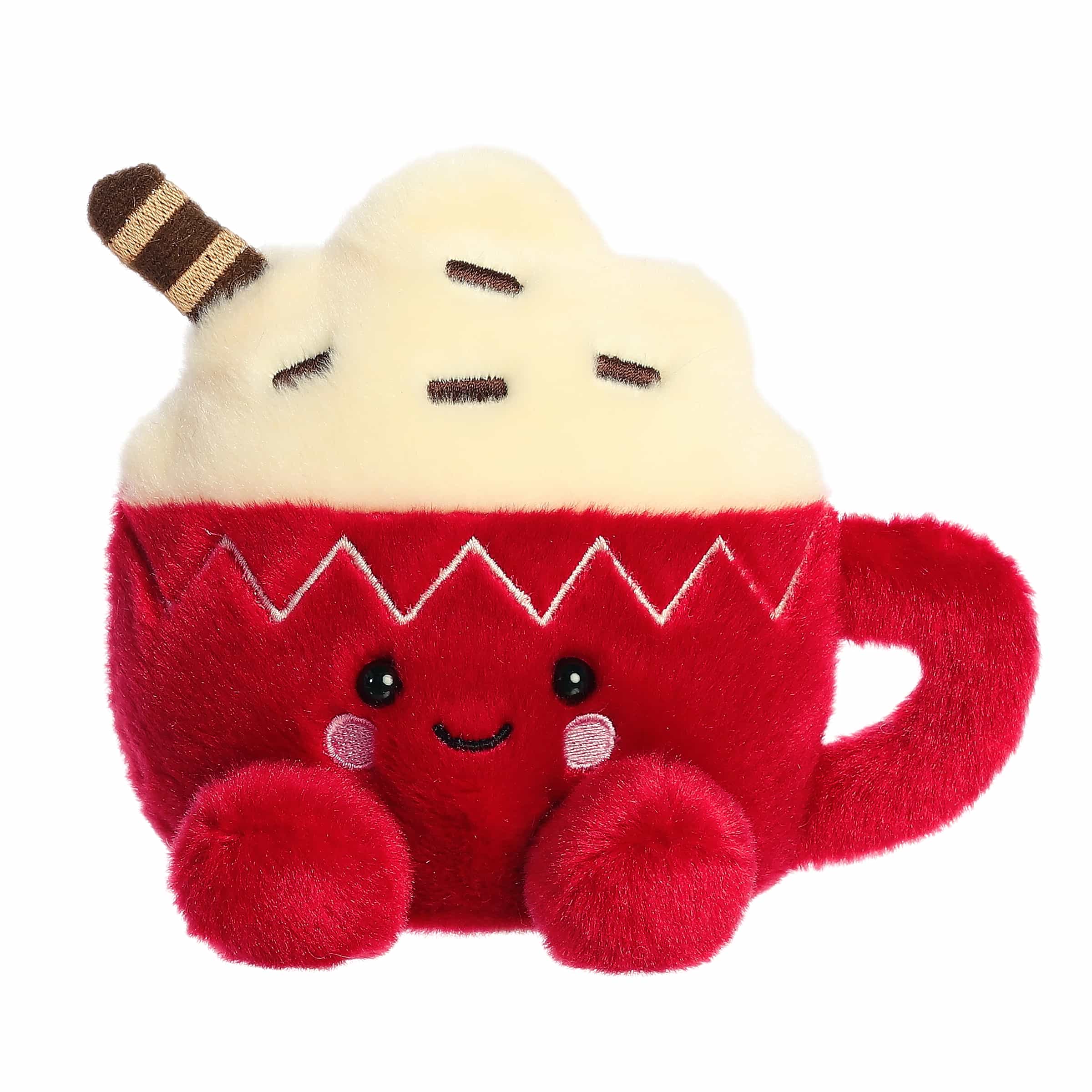 Red mug plush topped with whipped cream, sprinkles, and chocolate stick, featuring rosy cheeks and a cheerful smile