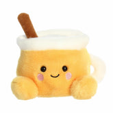 Golden cider mug plush with white fluffy rim, cinnamon stick, rosy cheeks, and smile