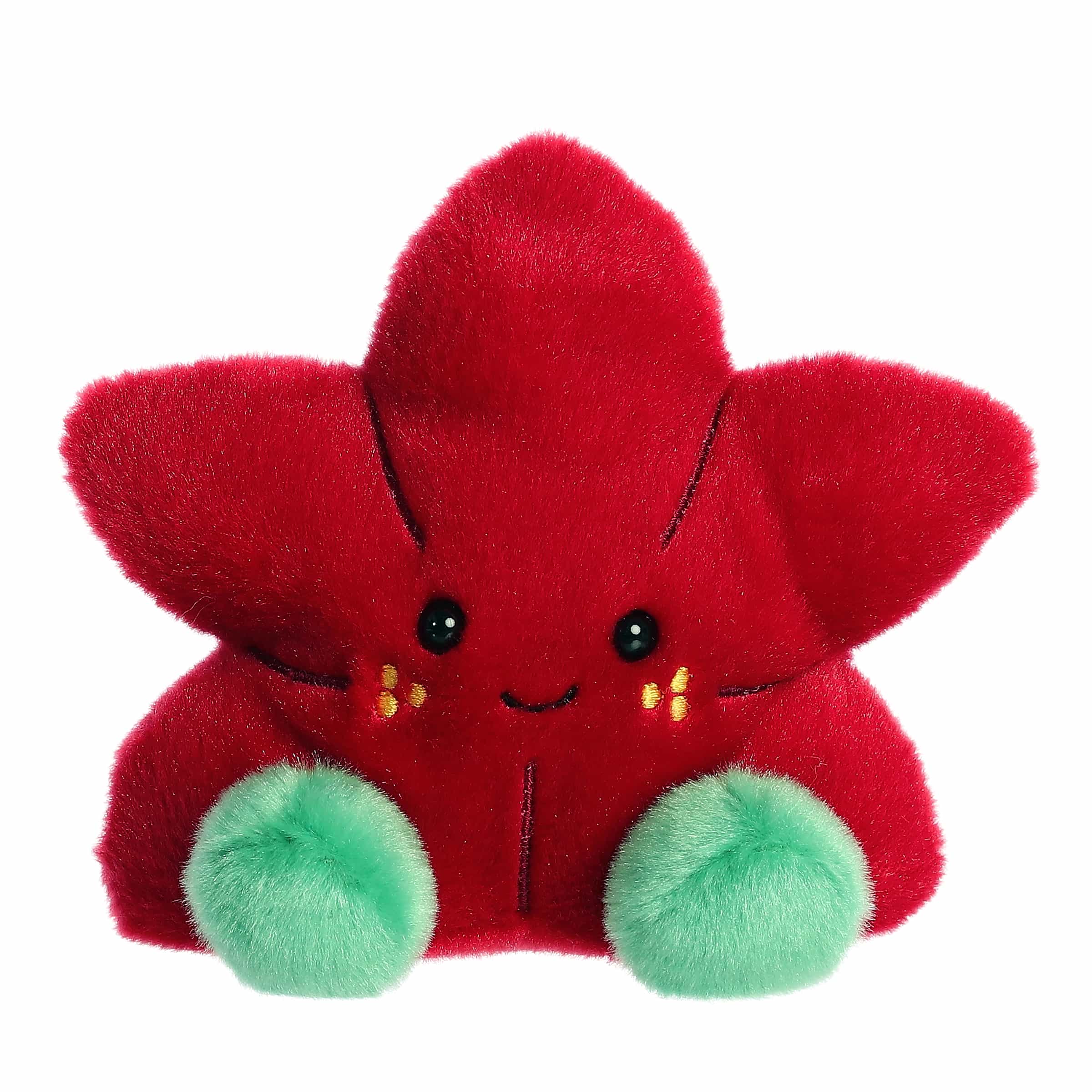 Red poinsettia plush with golden embroidery, smiling face, and mint green feet