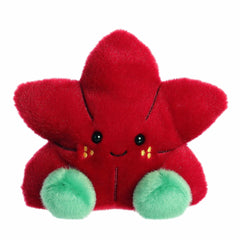 Red poinsettia plush with golden embroidery, smiling face, and mint green feet