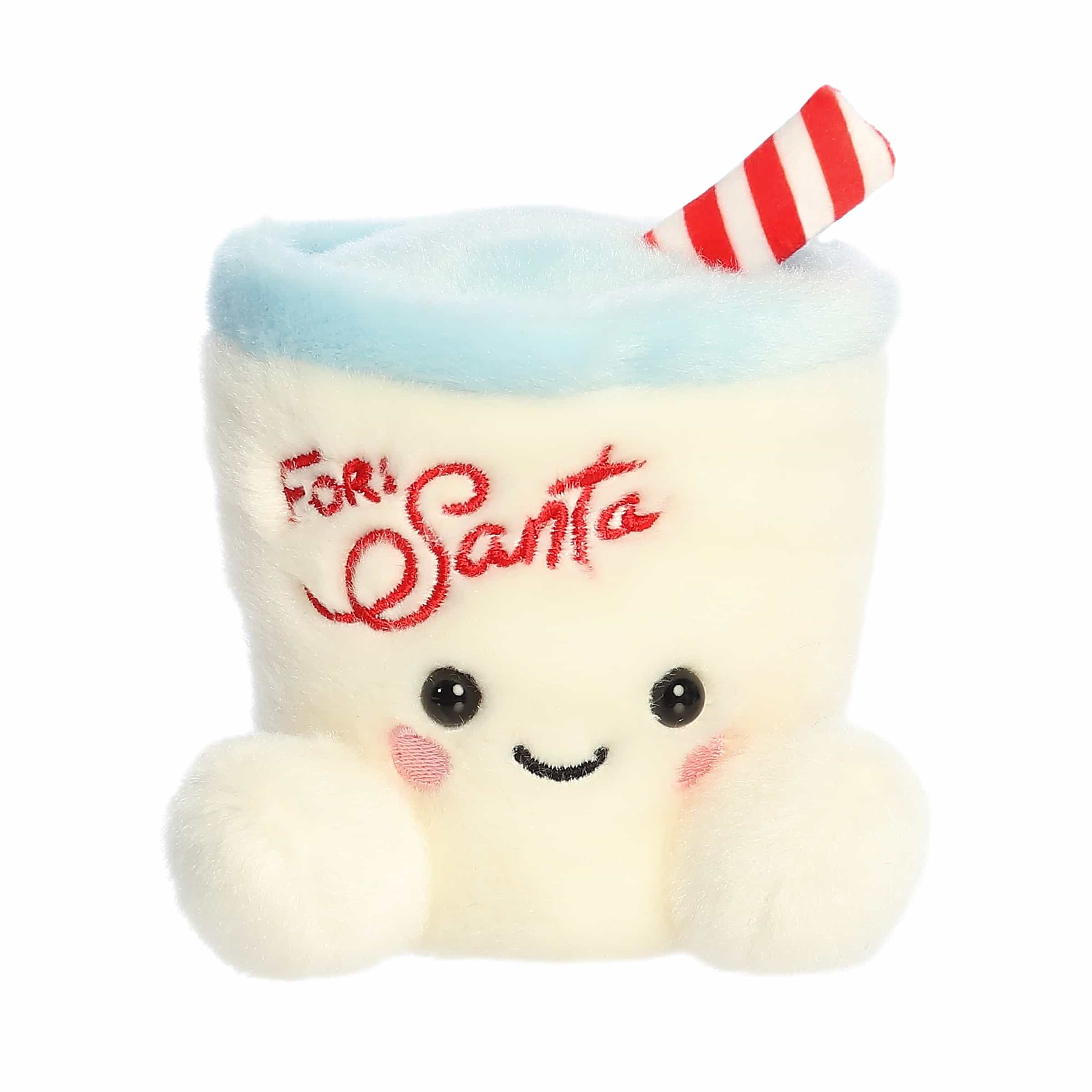 White milk cup plush with blue rim, red-striped straw, rosy cheeks, and “For Santa” script