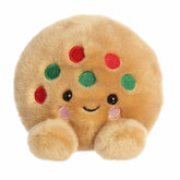 Round cookie plush with red and green candy chips, rosy cheeks, and a smile