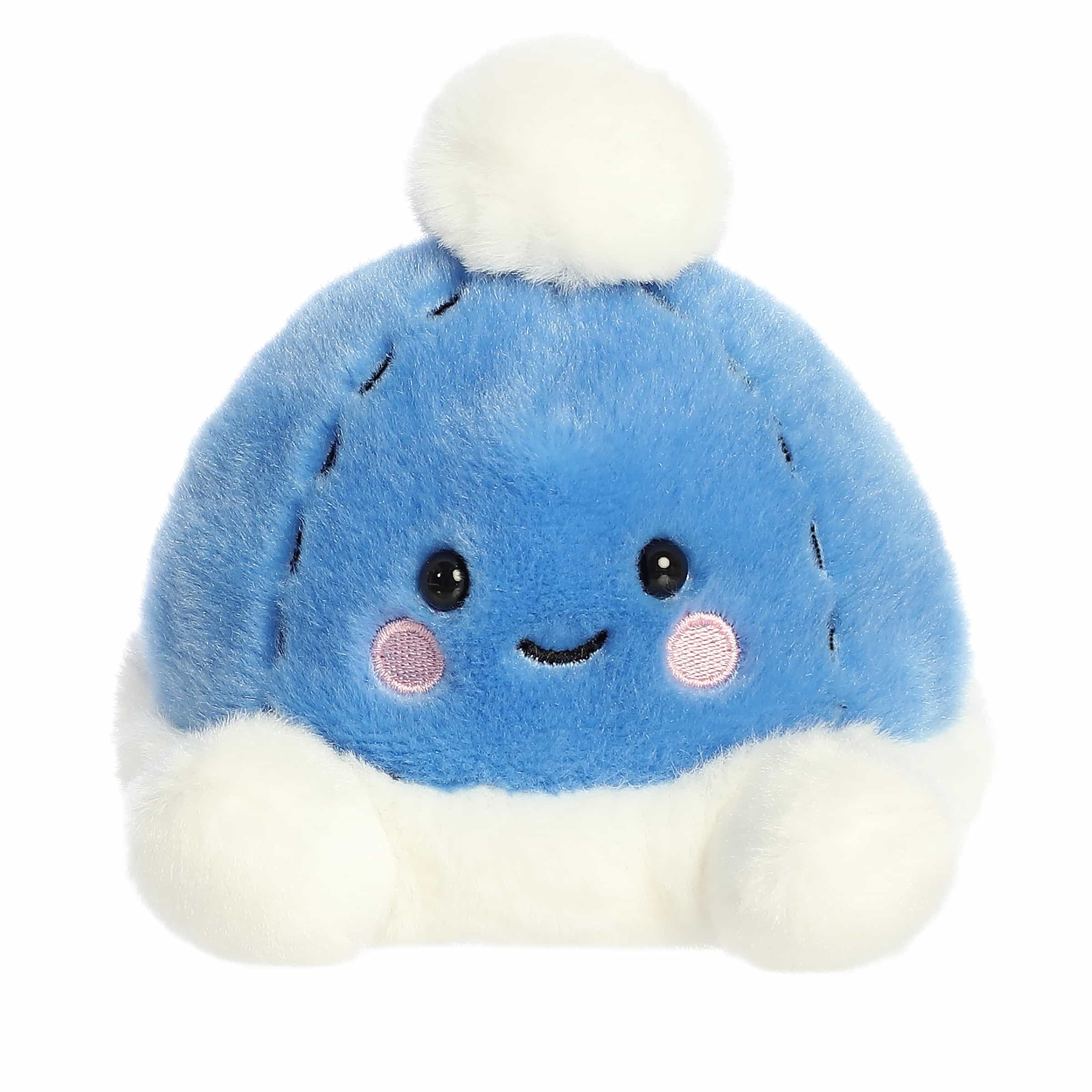 Blue beanie plush with white trim, fluffy pom-pom, blushing cheeks, and a smile