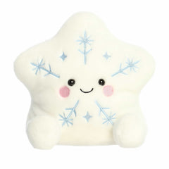 Oversized snowflake plush with soft white body, blue embroidery, blushing cheeks, and bright smile