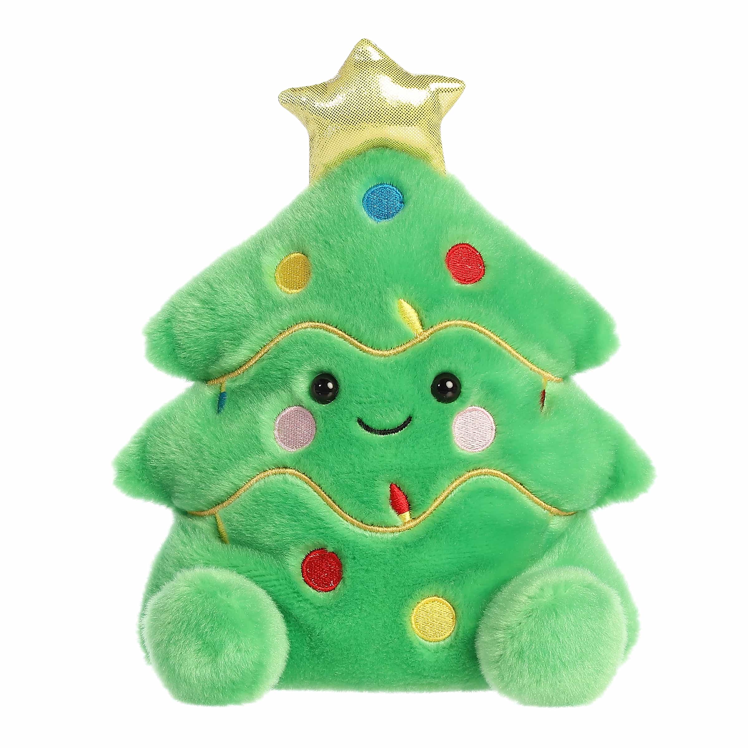 Oversized green tree plush with ornaments, gold garland, star topper, rosy cheeks, and a smile