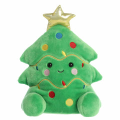 Oversized green tree plush with ornaments, gold garland, star topper, rosy cheeks, and a smile