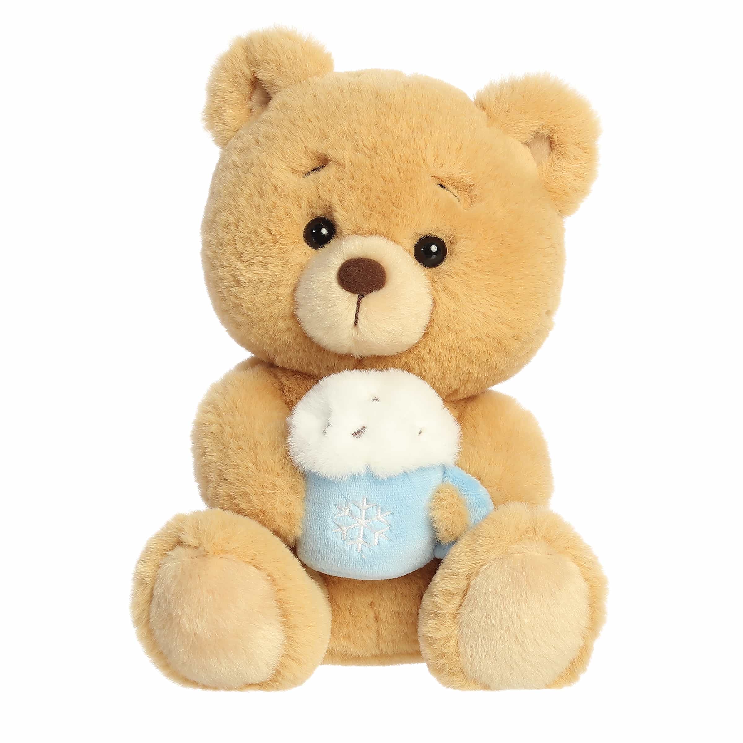 Tan bear plush by Aurora stuffed animals holding a detailed latte cup, with soft fur and festive charm