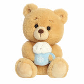 Tan bear plush by Aurora stuffed animals holding a detailed latte cup, with soft fur and festive charm