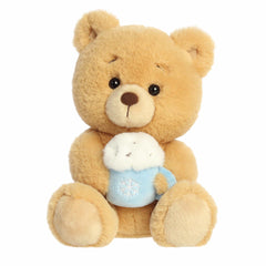 Tan bear plush by Aurora stuffed animals holding a detailed latte cup, with soft fur and festive charm