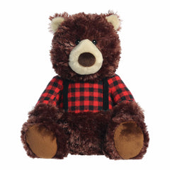 Brown bear plush wearing flannel shirt and overall straps, soft and cuddly