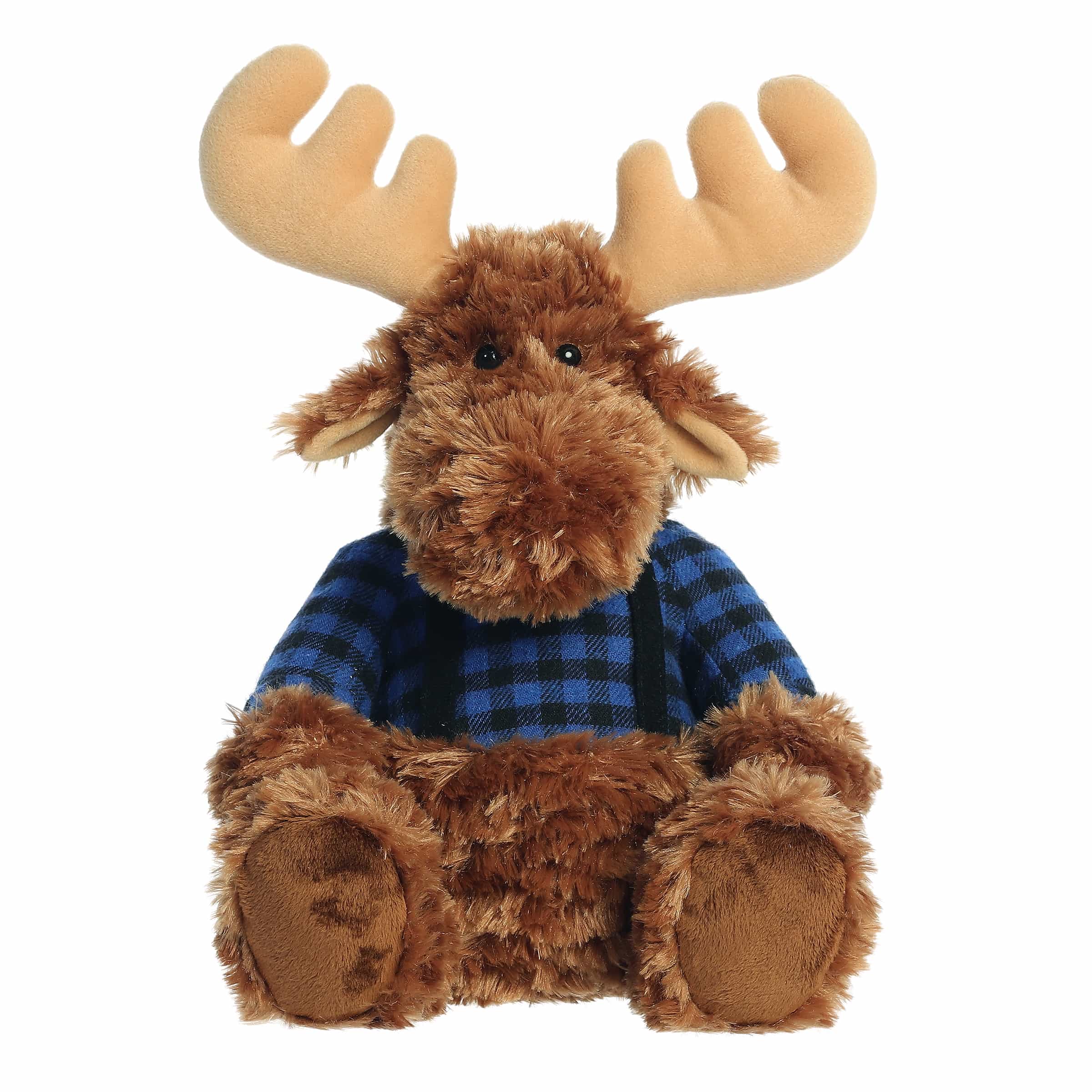 Brown moose plush in a flannel shirt with soft antlers and friendly face