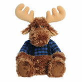 Brown moose plush in a flannel shirt with soft antlers and friendly face