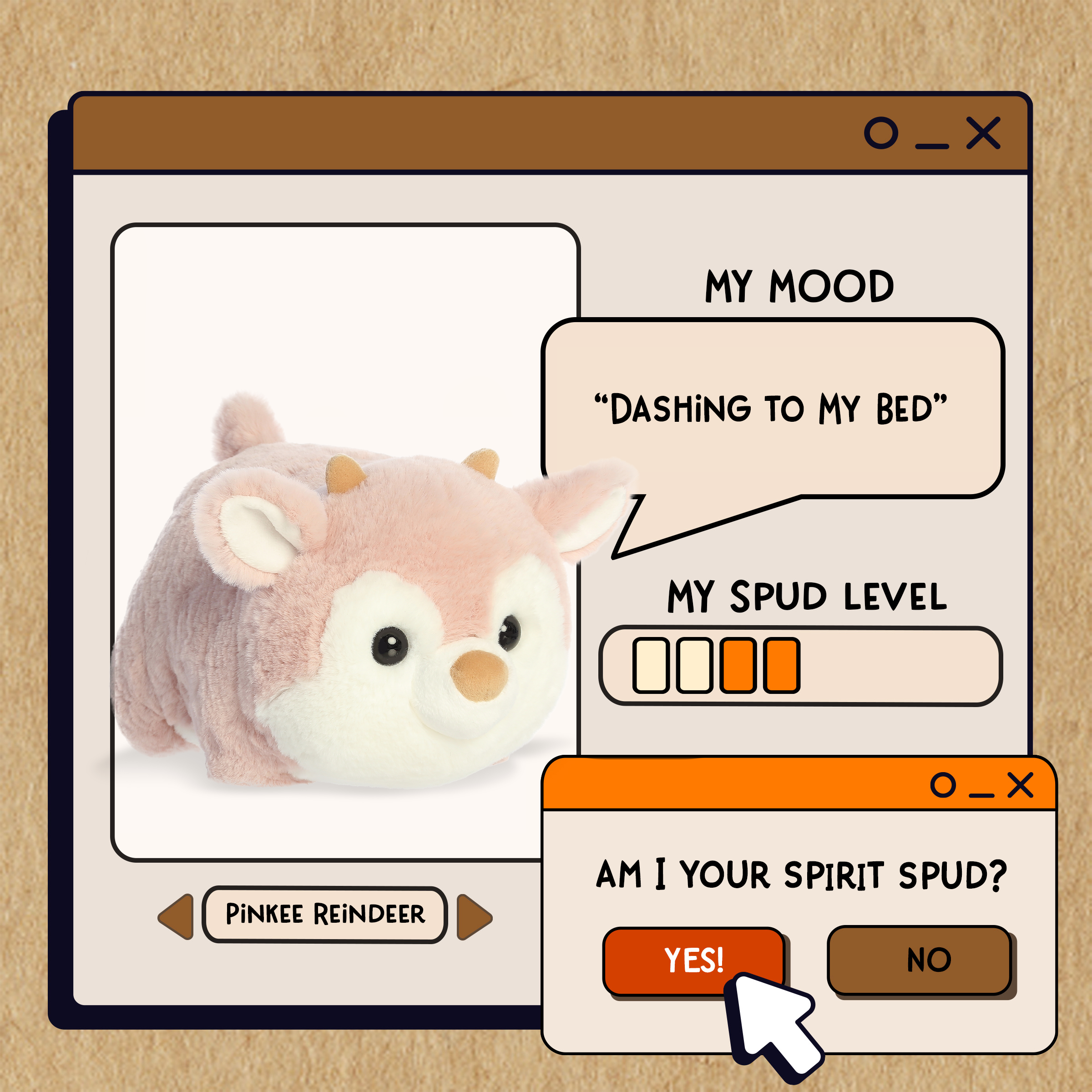 A spudsters product card for the Pinkee Reindeer plush by Aurora