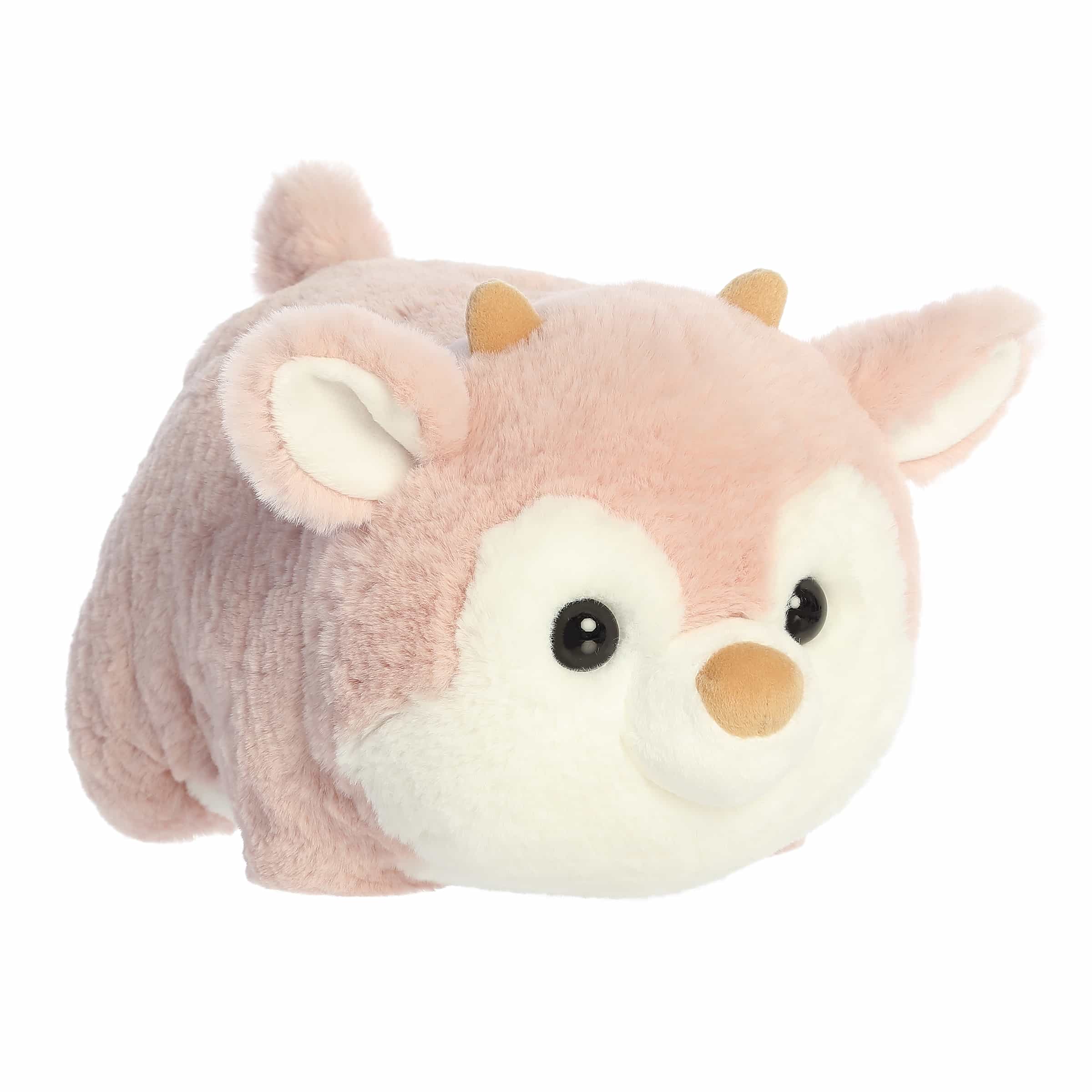 Pink reindeer plush with round potato-like body and soft antlers, ideal for adding festive charm to any space.
