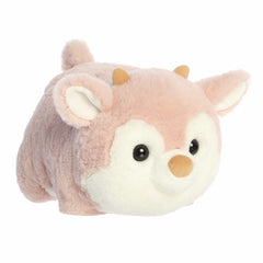 Pink reindeer plush with round potato-like body and soft antlers, ideal for adding festive charm to any space.